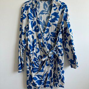 Zara Blue and White Linen Blend Patterned Long Sleeve Mini Wrap Dress Size L